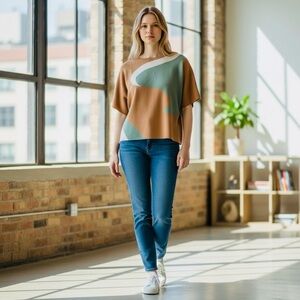 Sioni Brown and Green Short Sleeve Top